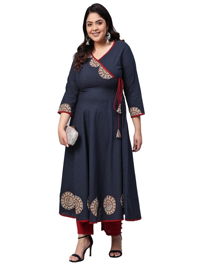 Yash Gallery Women's Plus Size Cotton Slub Patch Work Angrakha Regular Fit Kurta For Women (166YK251BLUE_Blue_XXXXX-Large) - Image 1