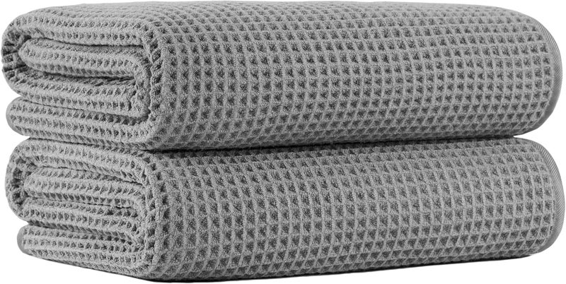 MICROFI New Microfiber Waffle Bath Towels, 2 Pieces, Oversized, Soft, Absorbent, Fast Drying, Lint Free (Gray) - Image 1