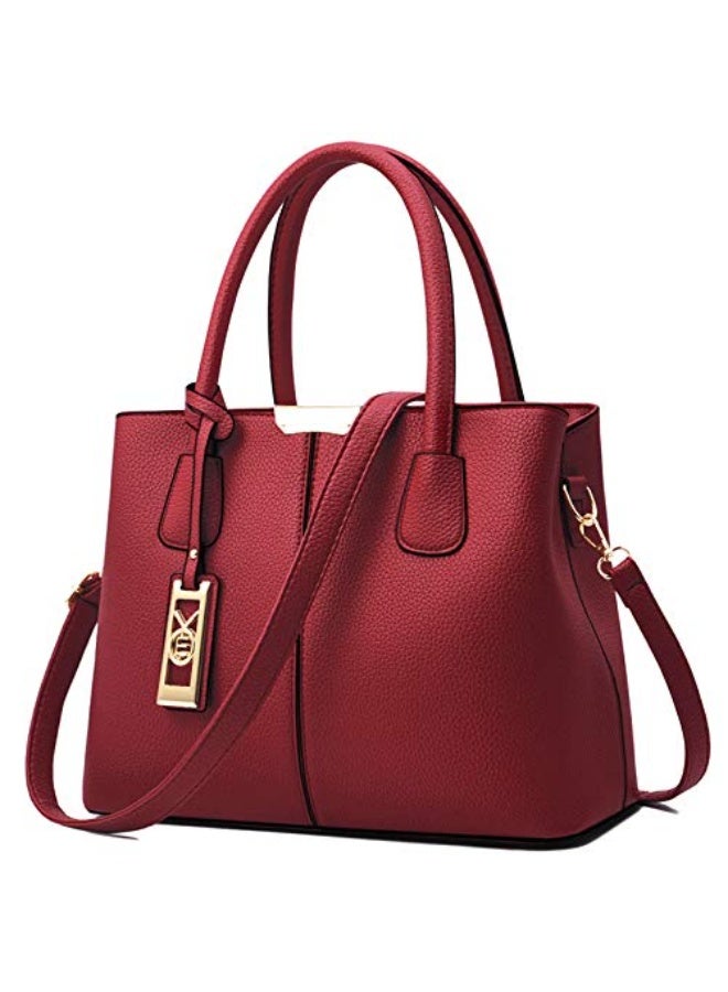 Women's Structured Faux Leather Handbag with Shoulder Strap - Red - Image 1