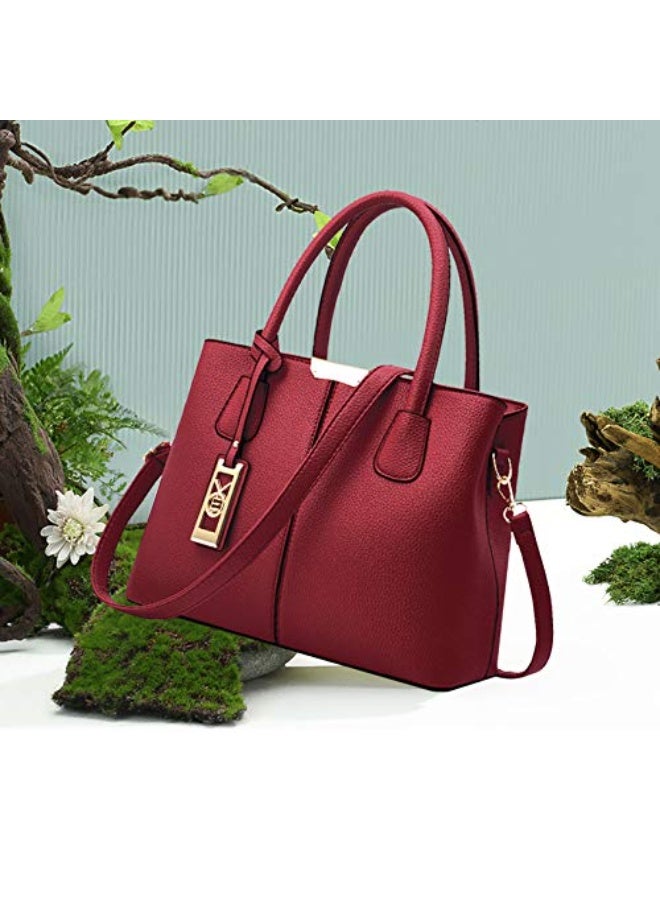 Women's Structured Faux Leather Handbag with Shoulder Strap - Red - Image 2