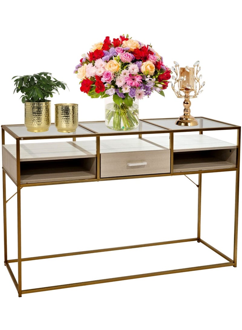 Living Console Table with Storage Glass Sofa Table with Gold Finished Frame 130*40*85 cm - Image 2