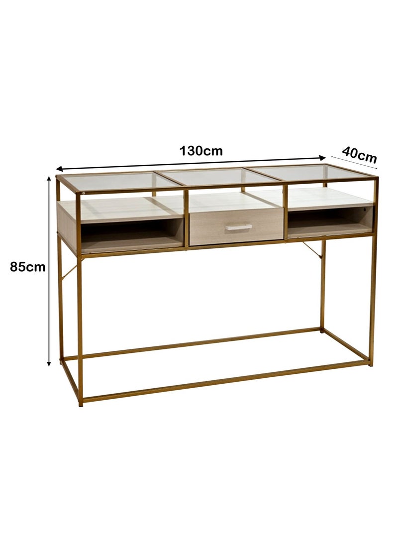 Living Console Table with Storage Glass Sofa Table with Gold Finished Frame 130*40*85 cm - Image 3