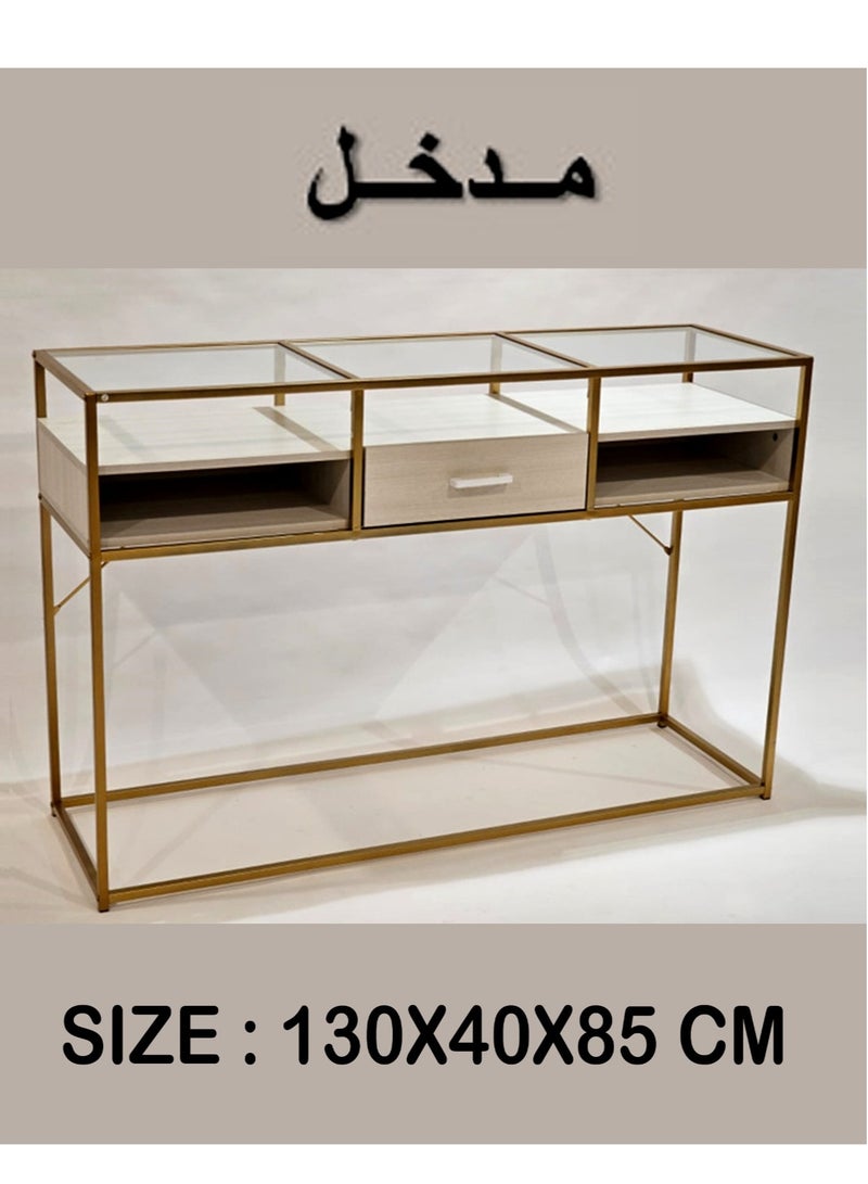 Living Console Table with Storage Glass Sofa Table with Gold Finished Frame 130*40*85 cm - Image 4