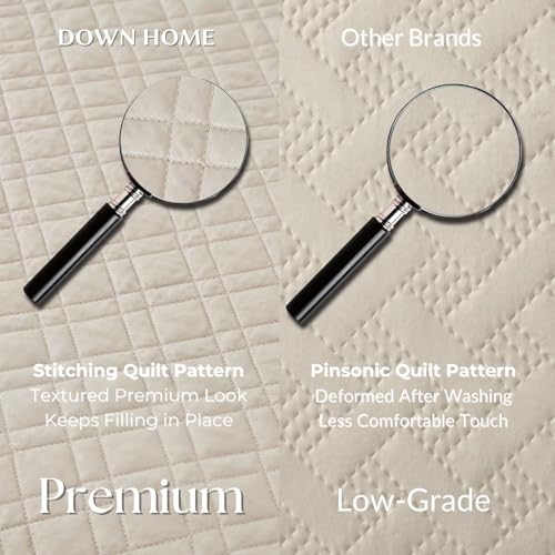 DOWN HOME King Quilt Set with Shams Lightweight Quilted Bedspread Coverlet Thin Comforter Bed Cover Vintage Washed Quilted Blanket for All Season, Brushed Microfiber Diamond Stitching, Beige, 104"x92" - Image 3