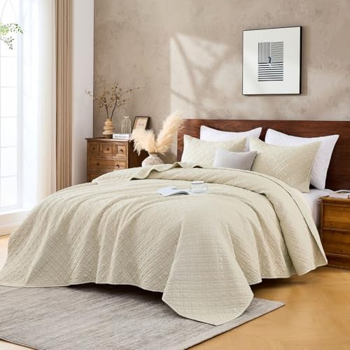 DOWN HOME King Quilt Set with Shams Lightweight Quilted Bedspread Coverlet Thin Comforter Bed Cover Vintage Washed Quilted Blanket for All Season, Brushed Microfiber Diamond Stitching, Beige, 104"x92" - Image 1