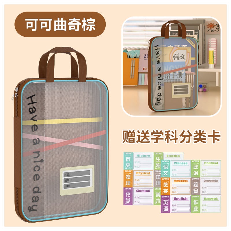 L-Shaped Large Opening Four-Layer Subject Classification Bag Satchel Transparent Thickeneded Mesh Bag Student Tutoring Subject Examination Bag - Image 1