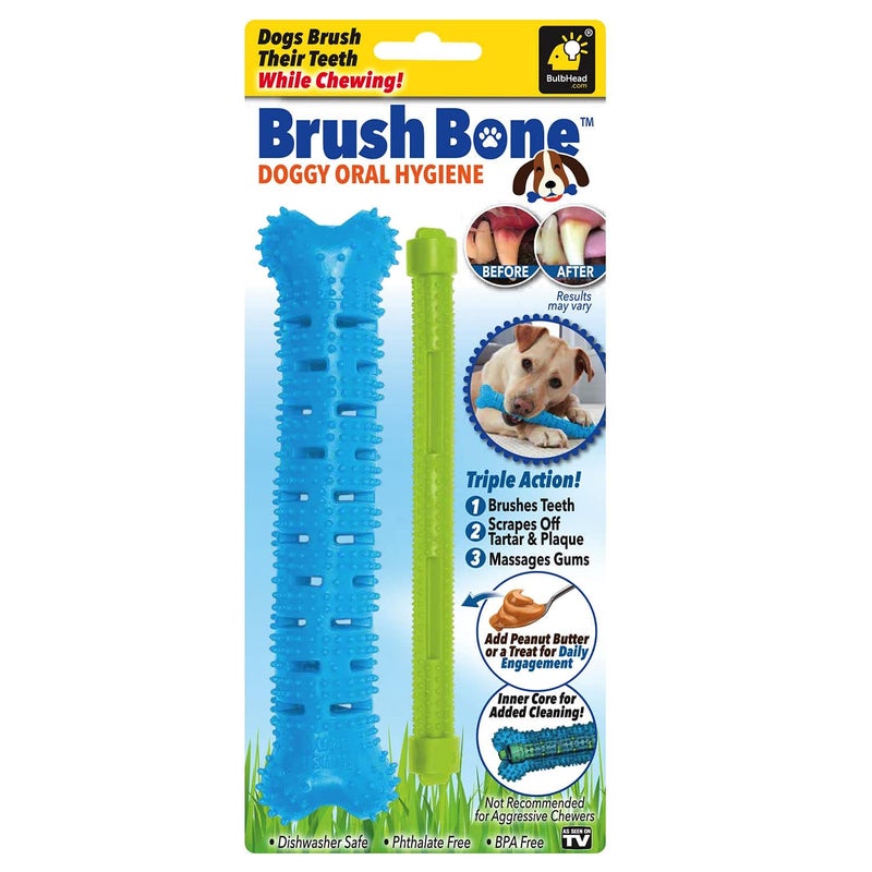 BulbHead BrushBone As Seen On TV Doggy Toothbrush Chew Toy, Plaque & Tartar Remover, Works 3 Ways to Clean While They Play, Invented by a Dentist, Add Peanut Butter or Cheese, Brush Bone - Image 1