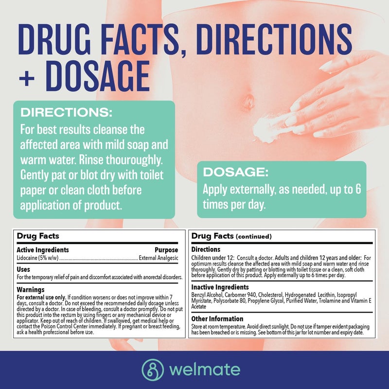 WELMATE كريم ويلمات 5% ليدوكائين للبواسير - كريم تخدير ليدوكائين سريع المفعول وكريم مسكن موضعي لتخفيف الحكة الشرجية، بدون رائحة، عبوة مقاومة للأطفال 2 أونصة (60 جرام) - Image 4