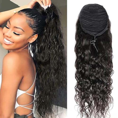 Feelgrace 100% Human Hair Drawstring Ponytail Extension Water Wave in Natural Color 1B Corn Wave Ponytail Clip in Extensions for Black Women Full End Hair 18 Inch - Image 1