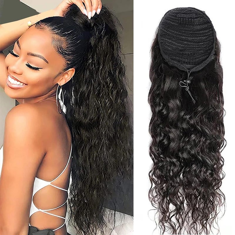 Feelgrace 100% Human Hair Drawstring Ponytail Extension Water Wave in Natural Color 1B Corn Wave Ponytail Clip in Extensions for Black Women Full End Hair 18 Inch - Image 3