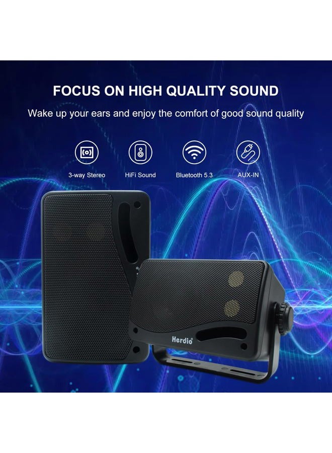Herdio 3.5" Outdoor Bluetooth Speakers Wired Waterproof, 200W 3 Way Upgrade Premium Wall Mount Speakers, Durable Mountable Loud Sound System for Patio Indoor Deck Garage (Black Pair) - Image 2