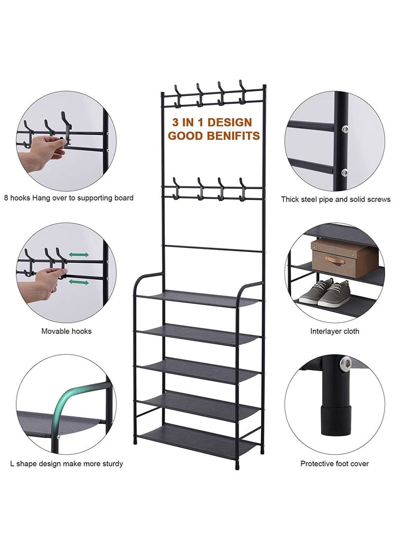 Toshionics Multifunctional 3 in 1 Entryway Coat Rack 5 Tier Hall Tree Shoe Bench Large Storage Shelfs  - Image 2