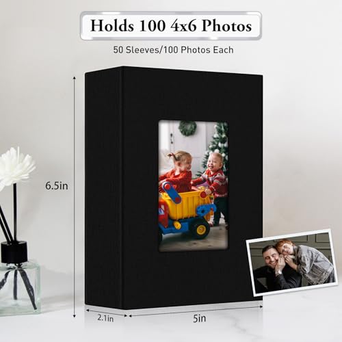 EJBLFE Small Photo Album 4x6,Linen Cover Slide-in Mini Photo Album Book Can Holds 100 4x6 Photos with 50 Black Sheets for Baby Family Pictures Artwork or Postcards Storage (Black) - Image 3