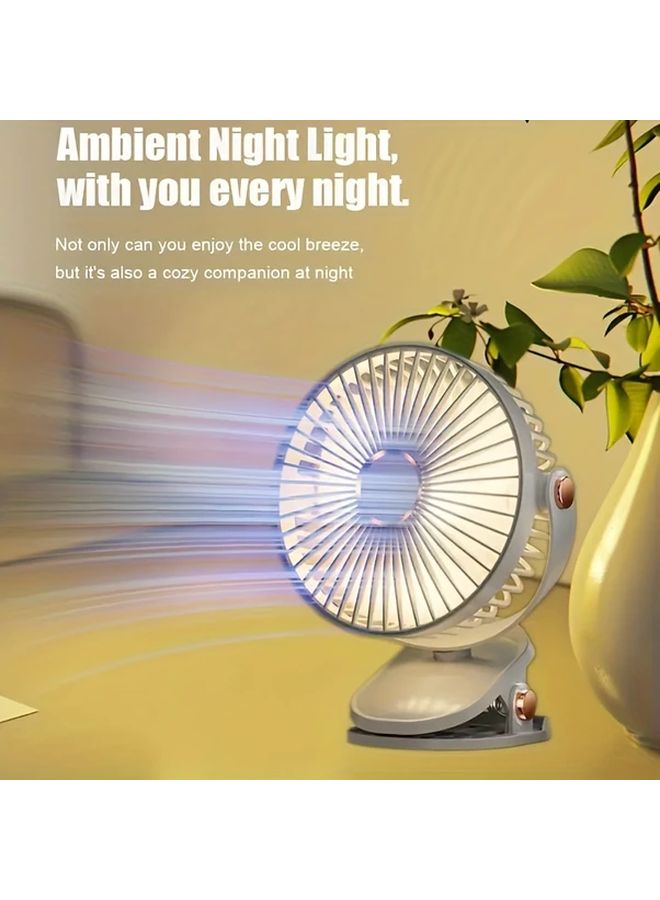 مروحة صغيرة قابلة لإعادة الشحن عبر USB 2025 مع إضاءة ليلية LED، تصميم أسود برأس مشبك وحامل يتيح التعليق، محرك هادئ، بطارية طويلة العمر، تدفق هواء قوي، مناسبة للمكتب والتخييم والسفر. - Image 2