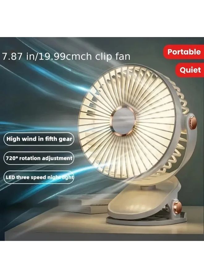 مروحة صغيرة قابلة لإعادة الشحن عبر USB 2025 مع إضاءة ليلية LED، تصميم أسود برأس مشبك وحامل يتيح التعليق، محرك هادئ، بطارية طويلة العمر، تدفق هواء قوي، مناسبة للمكتب والتخييم والسفر. - Image 1