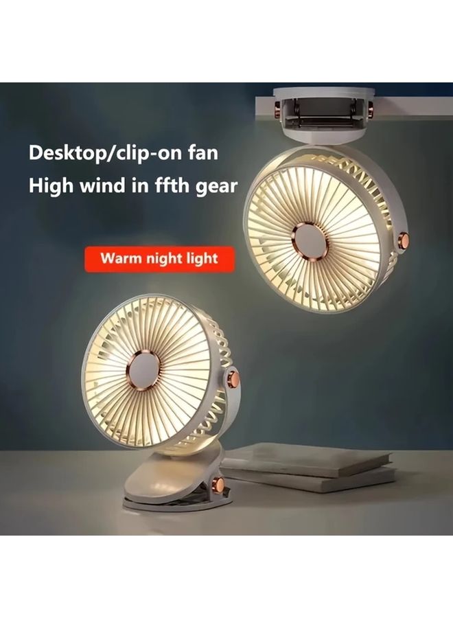مروحة صغيرة قابلة لإعادة الشحن عبر USB 2025 مع إضاءة ليلية LED، تصميم أسود برأس مشبك وحامل يتيح التعليق، محرك هادئ، بطارية طويلة العمر، تدفق هواء قوي، مناسبة للمكتب والتخييم والسفر. - Image 4