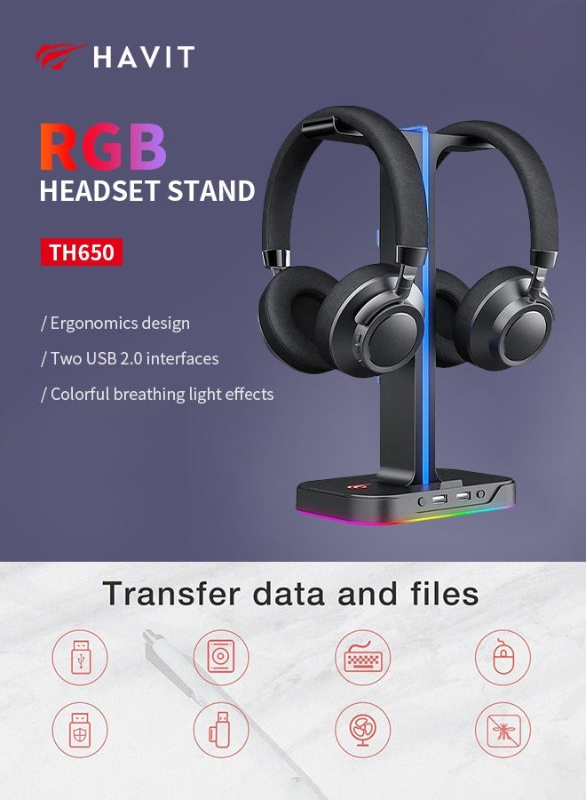 havit Headphone Holder with 2 USB 2.0 Ports, 7 Cold Light Color Switches, Equipped with Hooks to Organize Cable Lines, Suitable for All Kinds of Headset  - Image 3