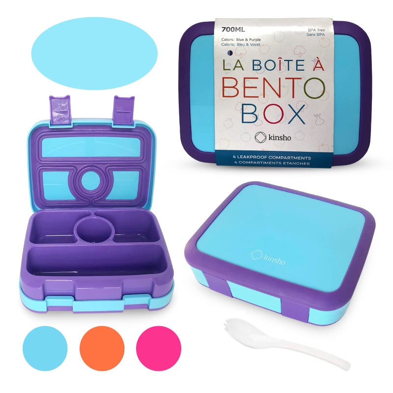 kinsho Bento Lunch Box for Kids Toddlers 4 Portion Sections Secure Lid Microwave Safe BPA Free Removable Tray PreSchool Kid Daycare Lunches Snack Container Ages 3 to 5 Blue Purple