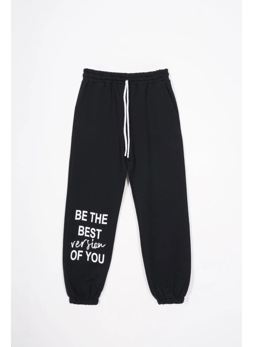 زيبكيدز Version Printed Elastic Leg Black Color Girls Tracksuit Single Bottom