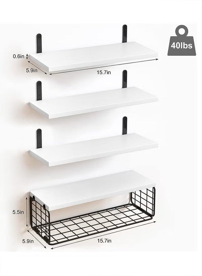 Exquisite 4 Pcs White Floating Wall Shelves, Rustic Wood & Metal Wall-Mounted Storage Racks with Mesh Guard, Multi-Layer Design, Large & Deep Shelves for Bedroom, Bathroom, Kitchen, Living Room, Laundry & Closet Décor - Image 5