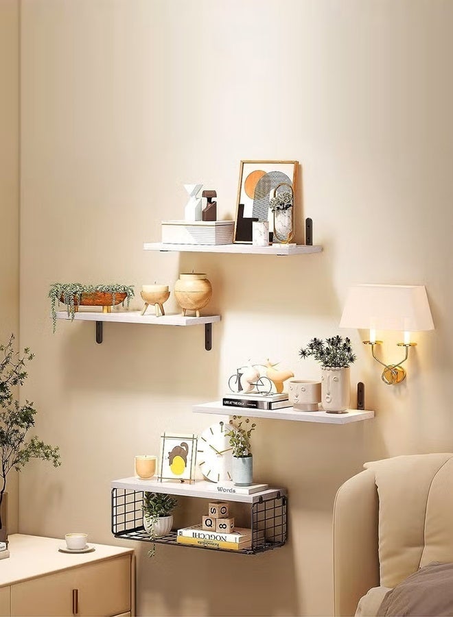 Exquisite 4 Pcs White Floating Wall Shelves, Rustic Wood & Metal Wall-Mounted Storage Racks with Mesh Guard, Multi-Layer Design, Large & Deep Shelves for Bedroom, Bathroom, Kitchen, Living Room, Laundry & Closet Décor - Image 2