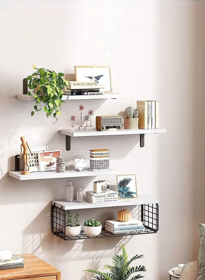 Exquisite 4 Pcs White Floating Wall Shelves, Rustic Wood & Metal Wall-Mounted Storage Racks with Mesh Guard, Multi-Layer Design, Large & Deep Shelves for Bedroom, Bathroom, Kitchen, Living Room, Laundry & Closet Décor - Image 4