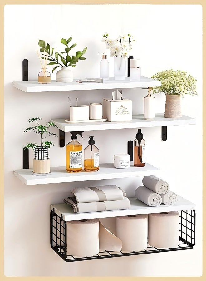 Exquisite 4 Pcs White Floating Wall Shelves, Rustic Wood & Metal Wall-Mounted Storage Racks with Mesh Guard, Multi-Layer Design, Large & Deep Shelves for Bedroom, Bathroom, Kitchen, Living Room, Laundry & Closet Décor - Image 1