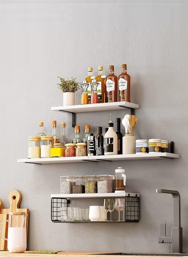 Exquisite 4 Pcs White Floating Wall Shelves, Rustic Wood & Metal Wall-Mounted Storage Racks with Mesh Guard, Multi-Layer Design, Large & Deep Shelves for Bedroom, Bathroom, Kitchen, Living Room, Laundry & Closet Décor - Image 3
