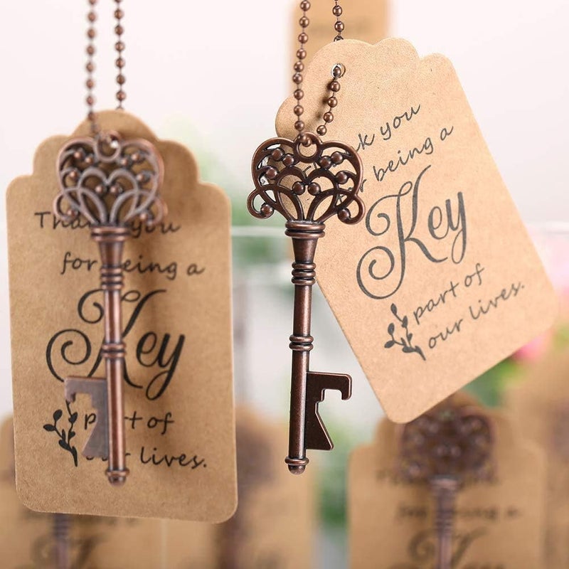 WODEGIFT 100 PCS Wedding Favors/ Party Favors Key Bottle Opener,Vintage Skeleton Key Bottle Openers with Escort Tag Cards and Key Chains(Red Copper) - Image 4