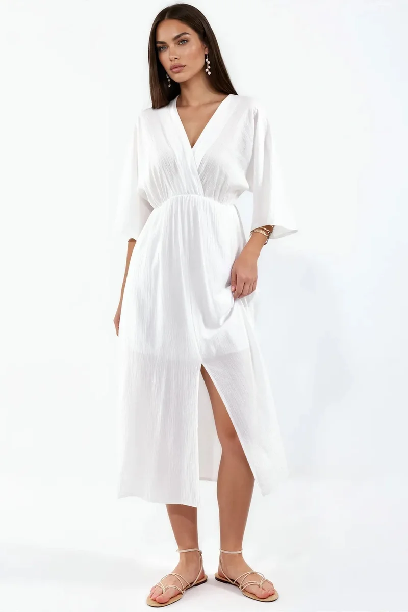 BUSEM V-Neck Midi Wrap Dress with Three Quarter Sleeves