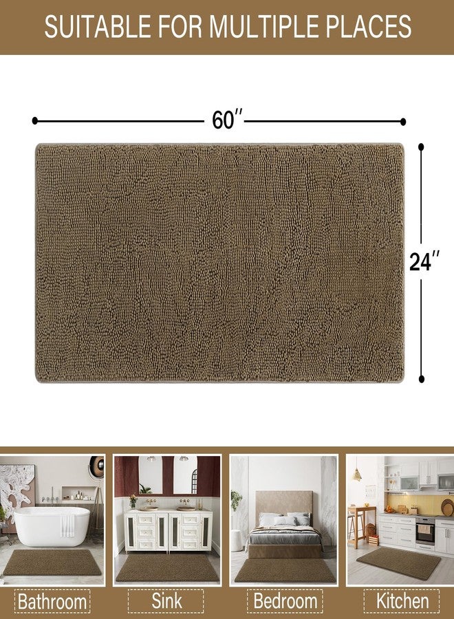 LOCHAS Luxury Bathroom Rug Shaggy Bath Mat 24 x 60 Inch, Washable Non Slip Bath Rugs for Bathroom Shower, Soft Plush Chenille Absorbent Carpets Mats, Tan - Image 2