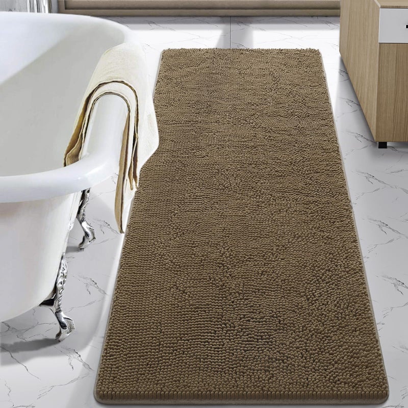 LOCHAS Luxury Bathroom Rug Shaggy Bath Mat 24 x 60 Inch, Washable Non Slip Bath Rugs for Bathroom Shower, Soft Plush Chenille Absorbent Carpets Mats, Tan - Image 1