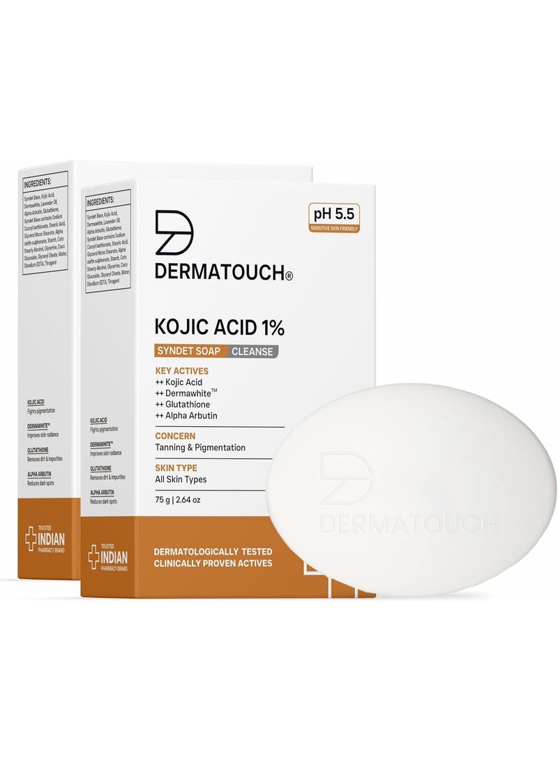 DERMATOUCH Kojic Acid 1% Soap with Glutathione | For Pigmentation & Sun damage | Soap for Men & Women | Suitable for All Skin Types | 75g x 2