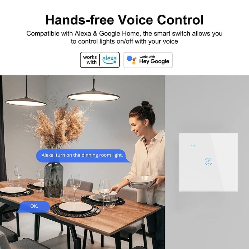 ماكايورون مفتاح حائط ذكي WiFi، مفاتيح لاسلكية، لا يحتاج إلى سلك محايد، متوافق مع Alexa و Google Home، مفتاح لمس للتحكم عن بعد عبر التطبيق، لا يحتاج إلى مركز تحكم، التحكم الصوتي (مجموعة واحدة، أبيض) - Image 4