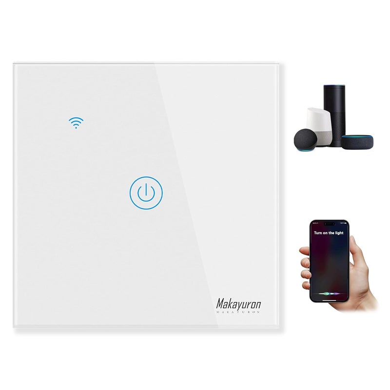 ماكايورون مفتاح حائط ذكي WiFi، مفاتيح لاسلكية، لا يحتاج إلى سلك محايد، متوافق مع Alexa و Google Home، مفتاح لمس للتحكم عن بعد عبر التطبيق، لا يحتاج إلى مركز تحكم، التحكم الصوتي (مجموعة واحدة، أبيض) - Image 1