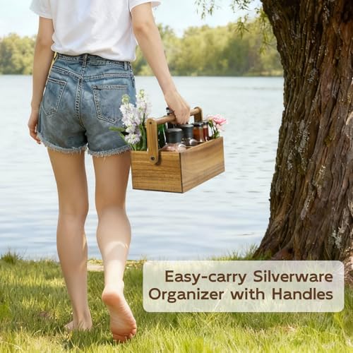 BWODYAY Acacia Paper Plate Dispenser, Paper Plate Holders with Handle, Picnic Silverware Caddy for Party, Cutlery Holder for Countertop, Wood Utensil Organizer for Home Kitchen & RV - Image 3