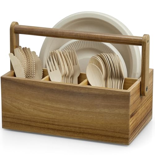 BWODYAY Acacia Paper Plate Dispenser, Paper Plate Holders with Handle, Picnic Silverware Caddy for Party, Cutlery Holder for Countertop, Wood Utensil Organizer for Home Kitchen & RV - Image 1