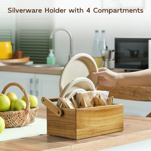 BWODYAY Acacia Paper Plate Dispenser, Paper Plate Holders with Handle, Picnic Silverware Caddy for Party, Cutlery Holder for Countertop, Wood Utensil Organizer for Home Kitchen & RV - Image 4