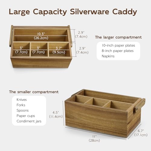 BWODYAY Acacia Paper Plate Dispenser, Paper Plate Holders with Handle, Picnic Silverware Caddy for Party, Cutlery Holder for Countertop, Wood Utensil Organizer for Home Kitchen & RV - Image 2
