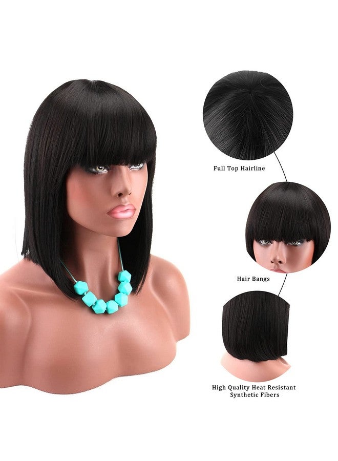 Kalyss Women'S Short Black Bob Wigs With Hair Bangs Synthetic Full Hair Wig Heat Resistant Short Straight Black Wig For Women - Image 3