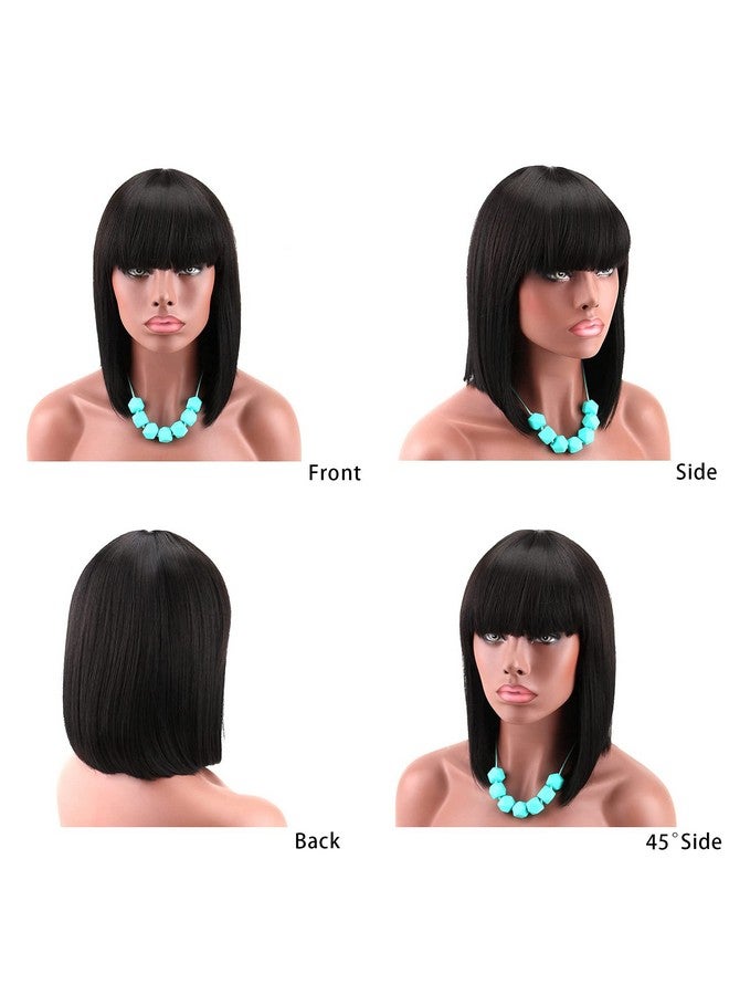 Kalyss Women'S Short Black Bob Wigs With Hair Bangs Synthetic Full Hair Wig Heat Resistant Short Straight Black Wig For Women - Image 5