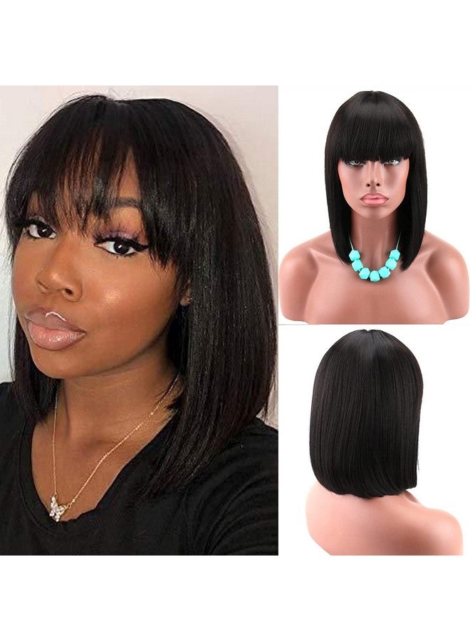 Kalyss Women'S Short Black Bob Wigs With Hair Bangs Synthetic Full Hair Wig Heat Resistant Short Straight Black Wig For Women - Image 2