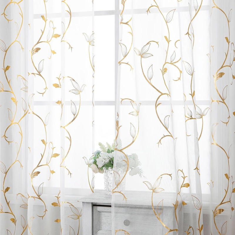 2pcs White Semi Transparent Gauze Curtains 120x213cm With Gold Foiled Vine Leaf Branches Metal Rings For Living Room Bedroom Kitchen Window And Door Home Decoration - Image 5
