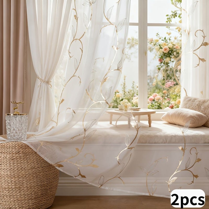 2pcs White Semi Transparent Gauze Curtains 120x213cm With Gold Foiled Vine Leaf Branches Metal Rings For Living Room Bedroom Kitchen Window And Door Home Decoration - Image 4