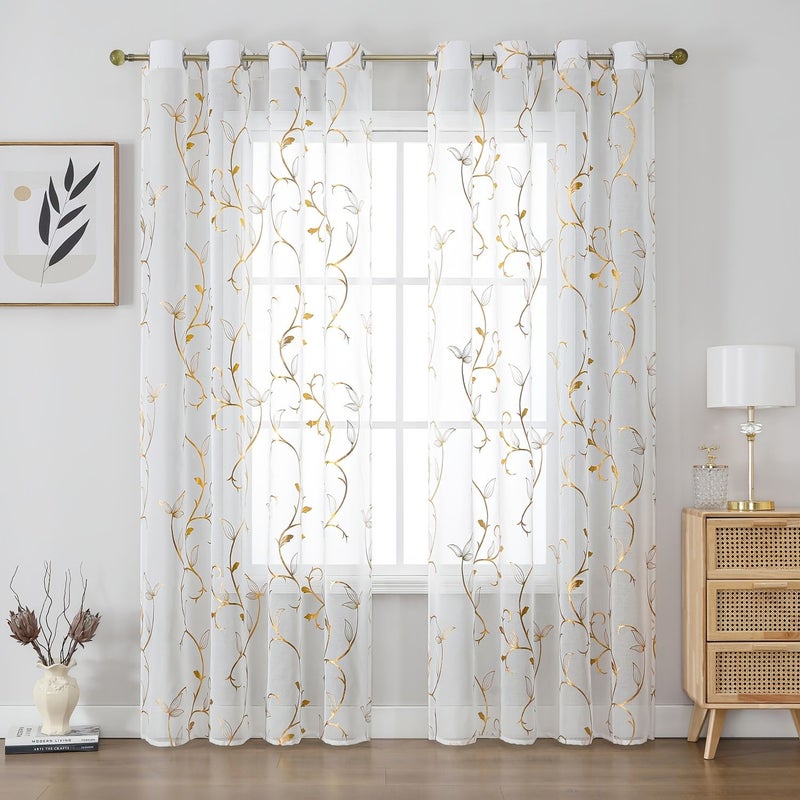 2pcs White Semi Transparent Gauze Curtains 120x213cm With Gold Foiled Vine Leaf Branches Metal Rings For Living Room Bedroom Kitchen Window And Door Home Decoration - Image 1