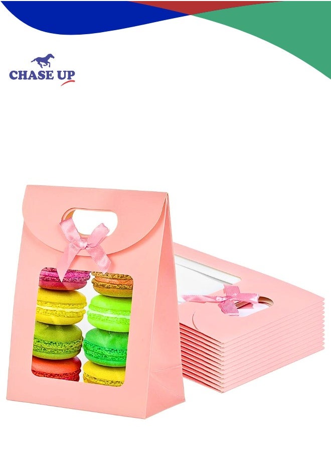 Chase Up 12 Pieces Kraft Paper Gift Bags with Clear Window & Handles - Reusable Party Favor Bags with Ribbon Bow for Candy, Cookies - Small Size 16x12x6cm（Pink）  - Image 1