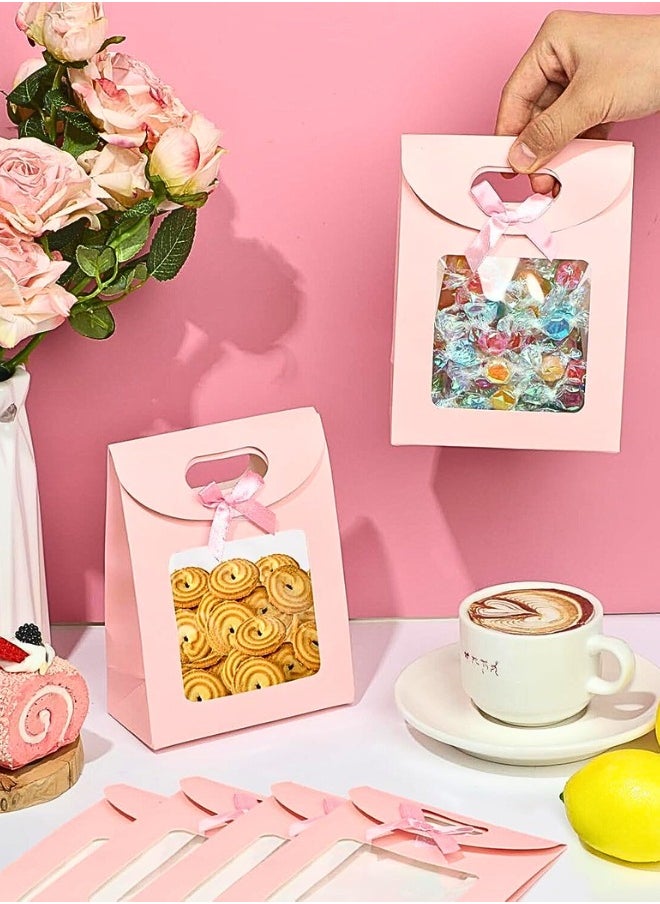 Chase Up 12 Pieces Kraft Paper Gift Bags with Clear Window & Handles - Reusable Party Favor Bags with Ribbon Bow for Candy, Cookies - Small Size 16x12x6cm（Pink）  - Image 2