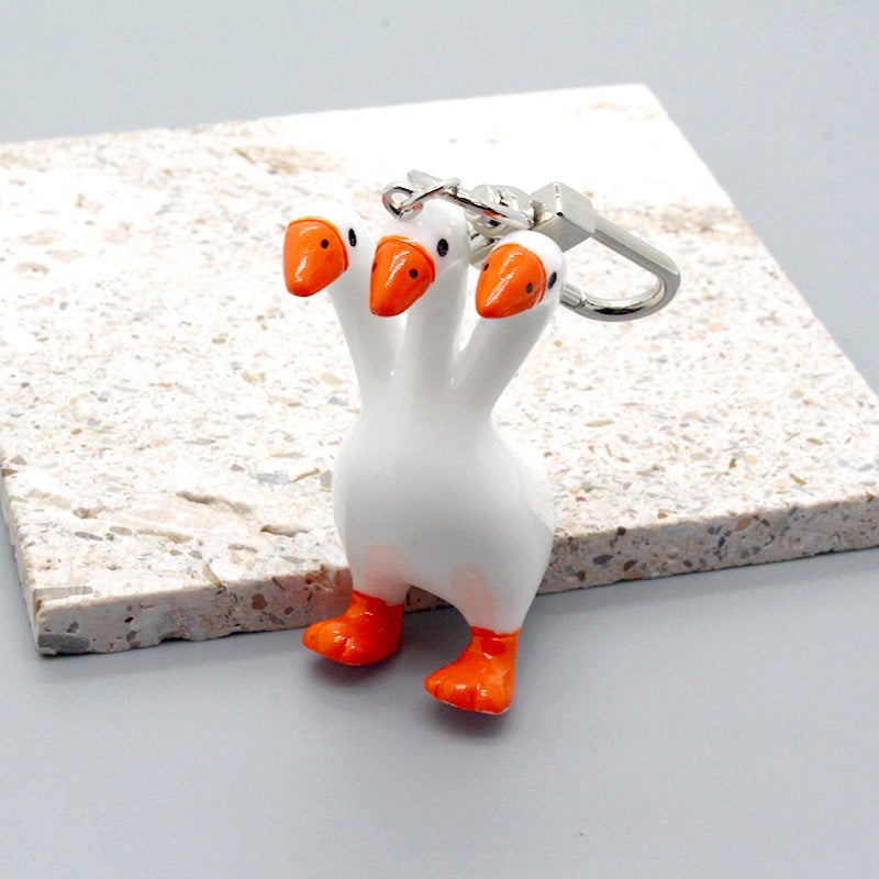 Resin Triple Goose Duck Keychain Earrings Creative Unique Gift Three head duck key chain