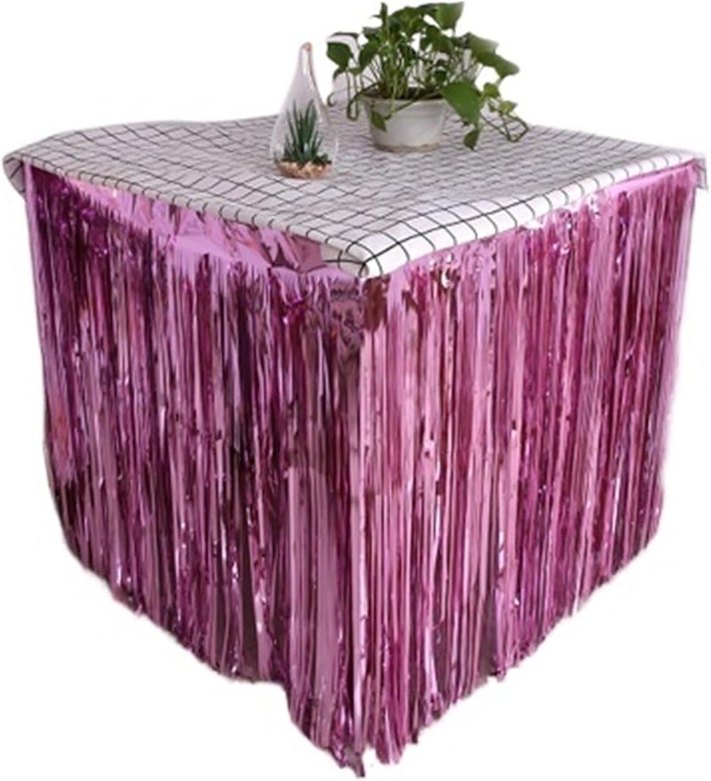 Table Skirt 275x75 Cm Party Decoration Table Skirt Foil Fringe Metallic Tinsel Table Skirt For Wedding Birthday Party Decoration(Pink) - Image 1