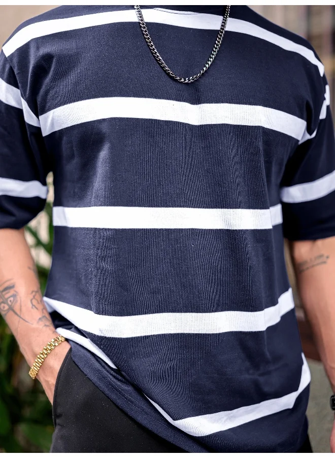 Maniac Mens Striped Mens Round Neck 3/4th Sleeve Navy & White Oversized Fit T-Shirt